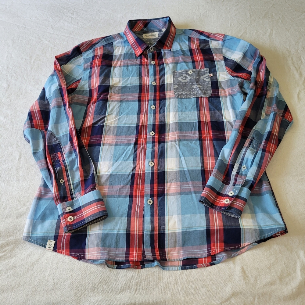 7 Diamonds Button Up Shirt Mens Large Long Sleeve Plaid Lightweight Cotton